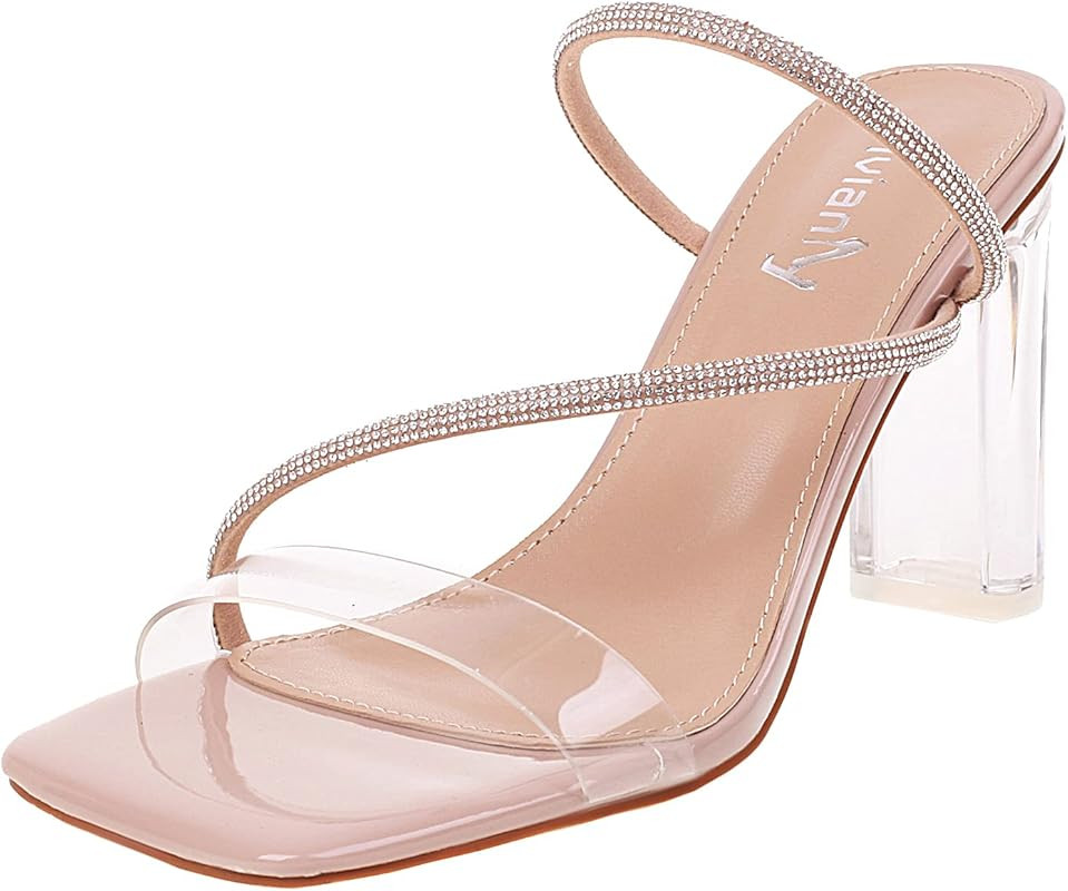 vivianly Womens Square Toe Clear Rhinestone Strappy Heeled Sandals Transparent Block High Heels Slid | Amazon (US)
