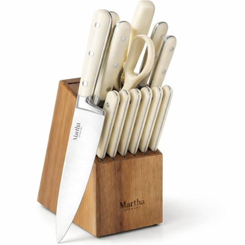 MARTHA STEWART Eastwalk 14 Piece High Carbon Stainless Steel Cutlery Kitchen Knife Block Set w/ABS Triple Riveted Forged Handle Acacia Wood Block - Linen White | Amazon (US)
