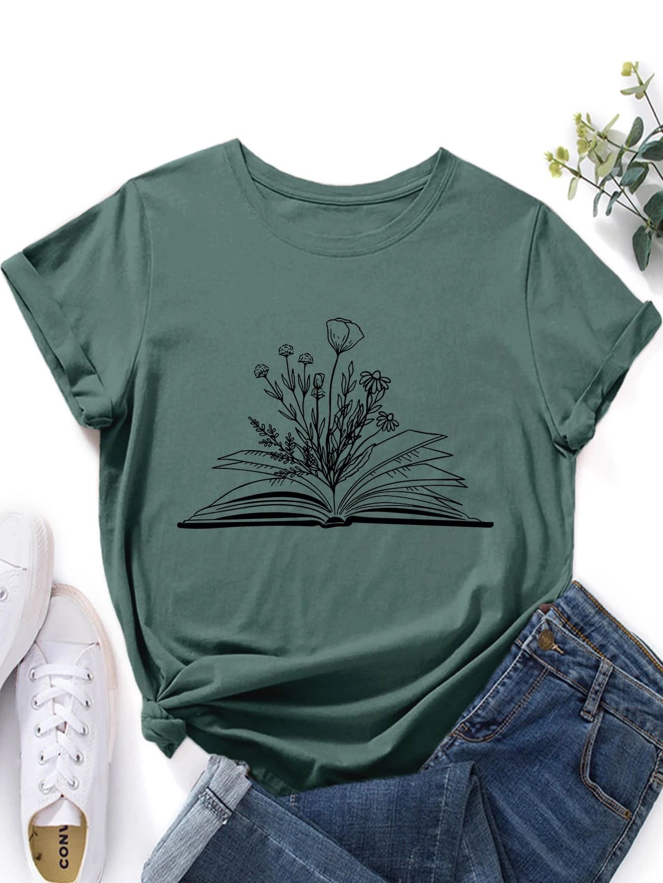 SHEIN LUNE Book And Floral Print Tee | SHEIN