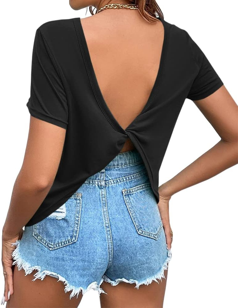 Women's Twist Backless Short Sleeve T Shirts Tops Round Neck Curved Hem Casual Workout Tee T-Shir... | Amazon (US)