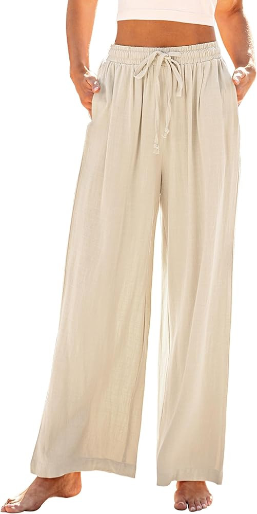 GRAPENT Wide Leg Pants Woman Linen High Waisted Pull On Flowy Casual Baggy Drawstring Palazzo Tro... | Amazon (US)