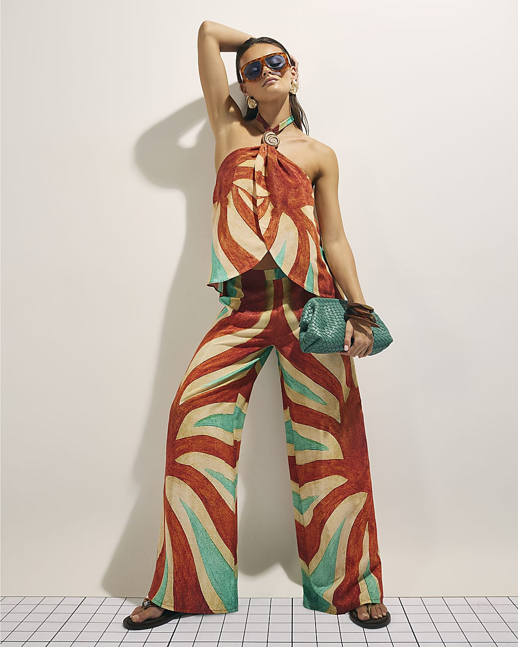 Brown Swirl Print Wide Leg Trousers | River Island UK & IE