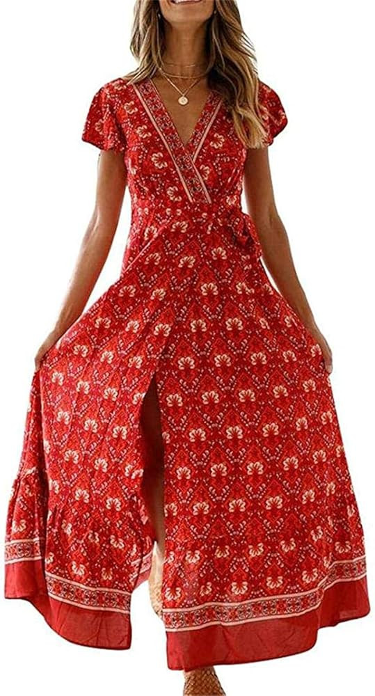 QANSI Women's V Neck Floral Maxi Bohemian Split Dress Summer Beach Party Wedding Dress | Amazon (US)