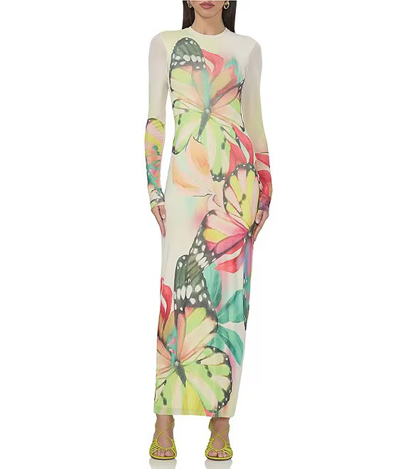 Didi Butterfly Printed Crewneck Longsleeve Ankle Mesh Maxi Dress | Dillard's