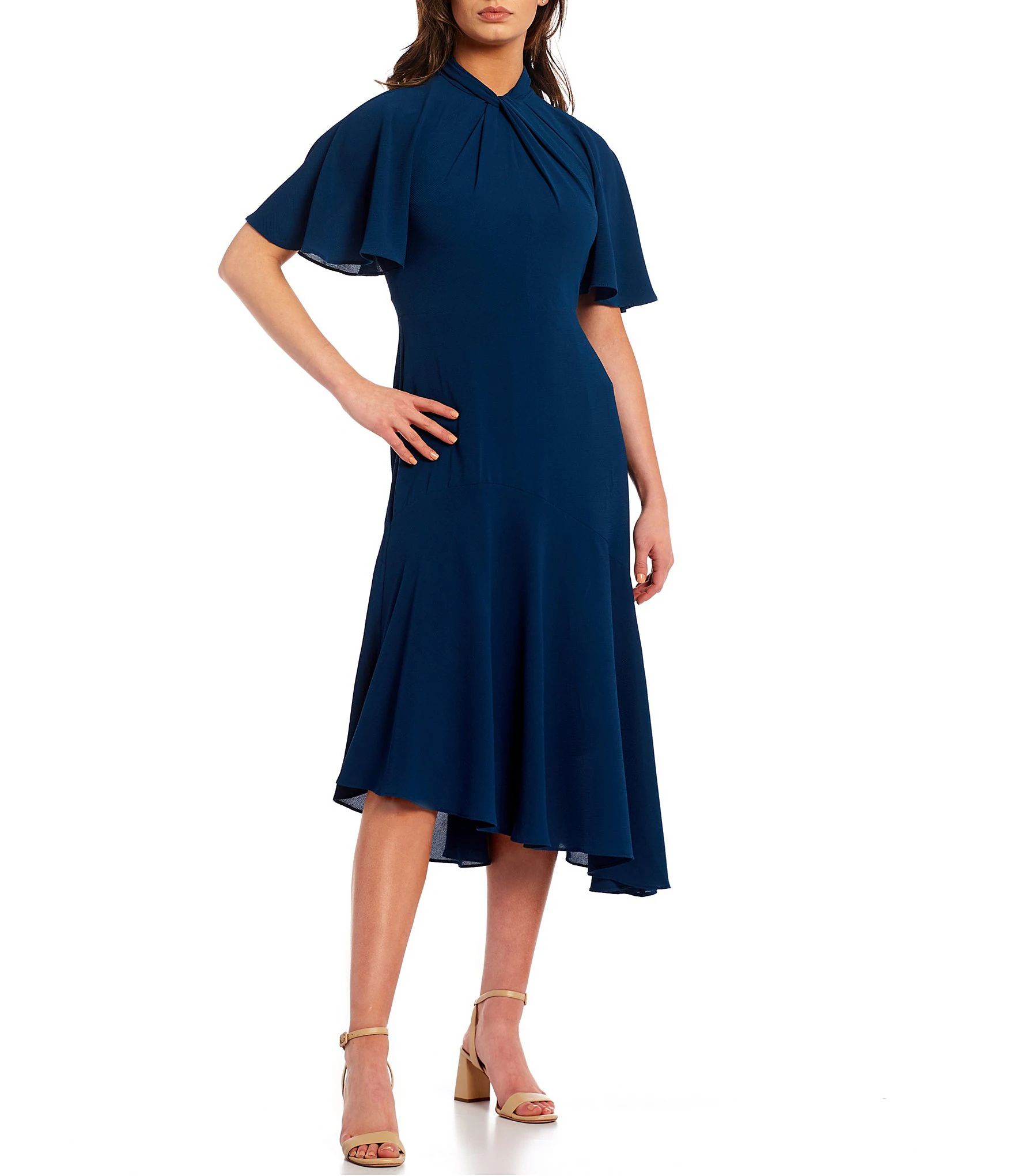 Asymmetrical Hem Crepe Short Sleeve Twist Mock Neck Midi Stretch Dress | Dillard's