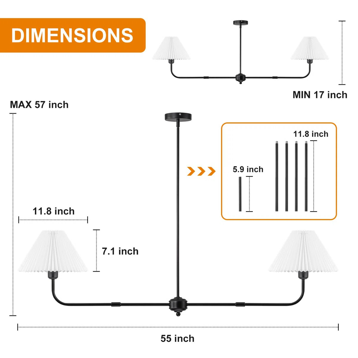 2-Light Black Linear Chandelier, Modern Chandelier For Dining Room Light Fixture With White Fabri... | Wayfair North America