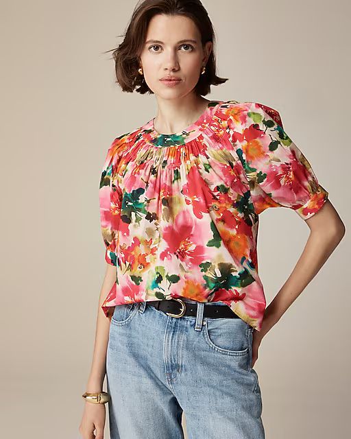 Smock-neck puff-sleeve top in floral cotton poplin | J.Crew US