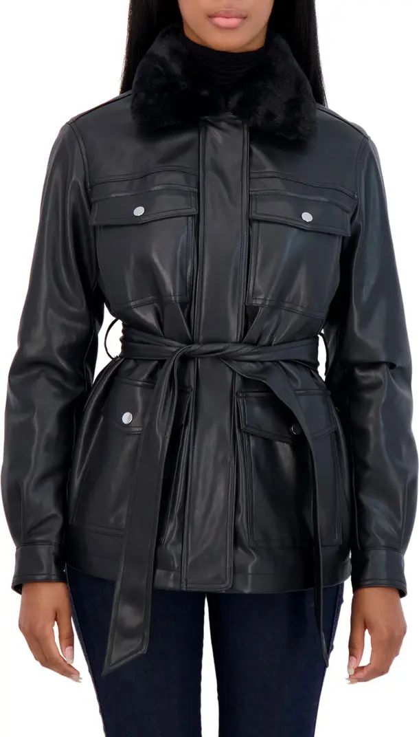 Belted Faux Leather Jacket with Faux Shearling Collar | Nordstrom Rack