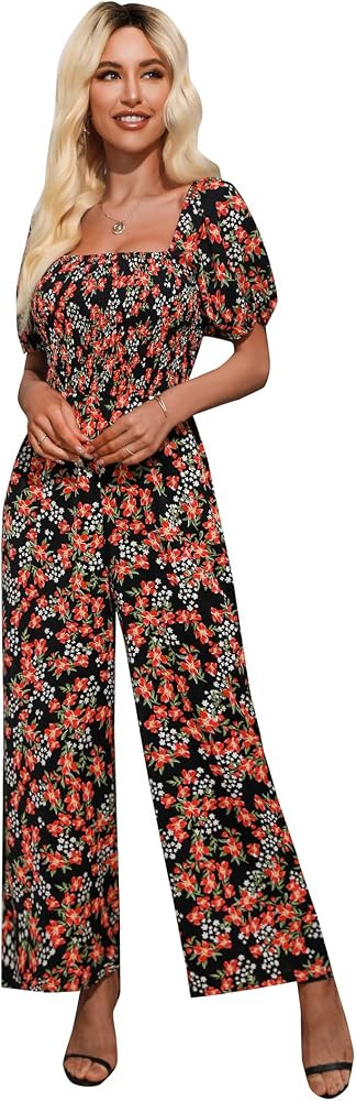 Love Welove Fashion Floral Jumpsuits for Women, casual Loose Romper Short Sleeve Smocked High Wai... | Amazon (US)