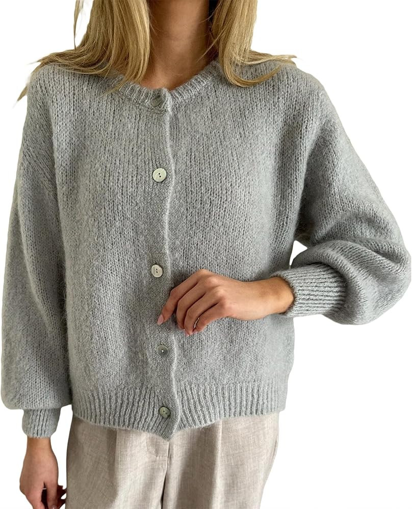 Women Y2k Knitted Cropped Cardigan Sweater Long Sleeve Crewneck Button Down Open Front Knitwear T... | Amazon (US)