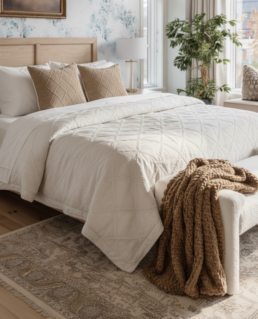 Every bedroom needs a cozy brown knitted blanket for fall.  

Wood frame bed
Beige neutral rug
Brown throw pillows 
Wood nightstands 
Brass glass table lamp
White boule bench
Floral wall art 

#LTKHome #LTKSaleAlert