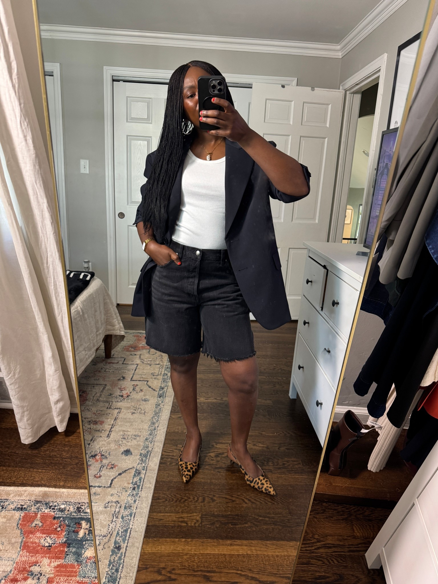 "Blazer + denim shorts = my favorite summer paradox. Casual meets polish with a tank and my go-to leopard flats. Perfect for errands, iced coffee runs, or just pretending I have meetings today. #BlazerAndShorts #CasualChic #SummerLayering #LeopardShoes"

#LTKOver40 #LTKxMadewell #LTKSaleAlert