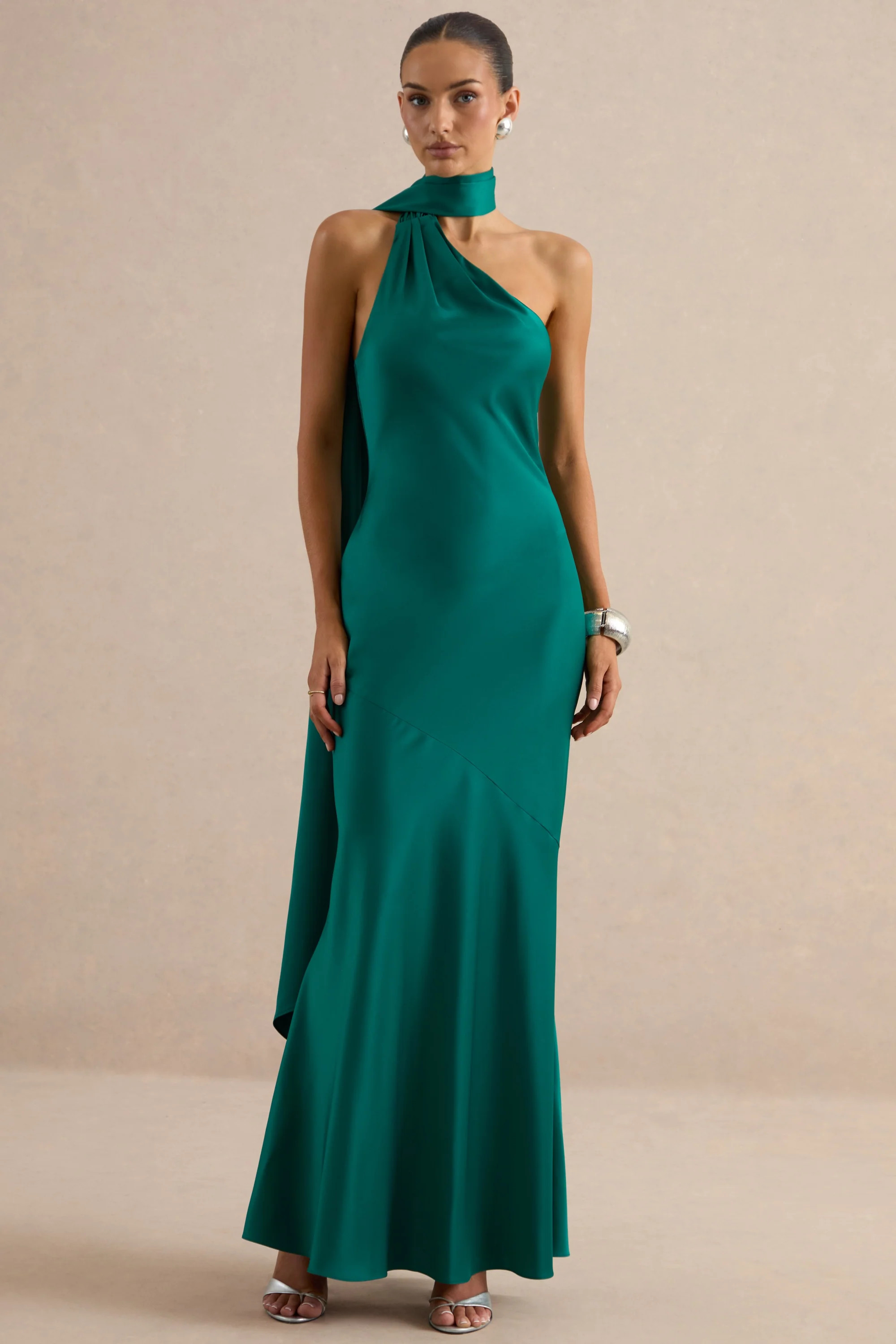 Jorina | Green Satin Asymmetric-Neck Maxi Dress With Scarf Detail | Club L London