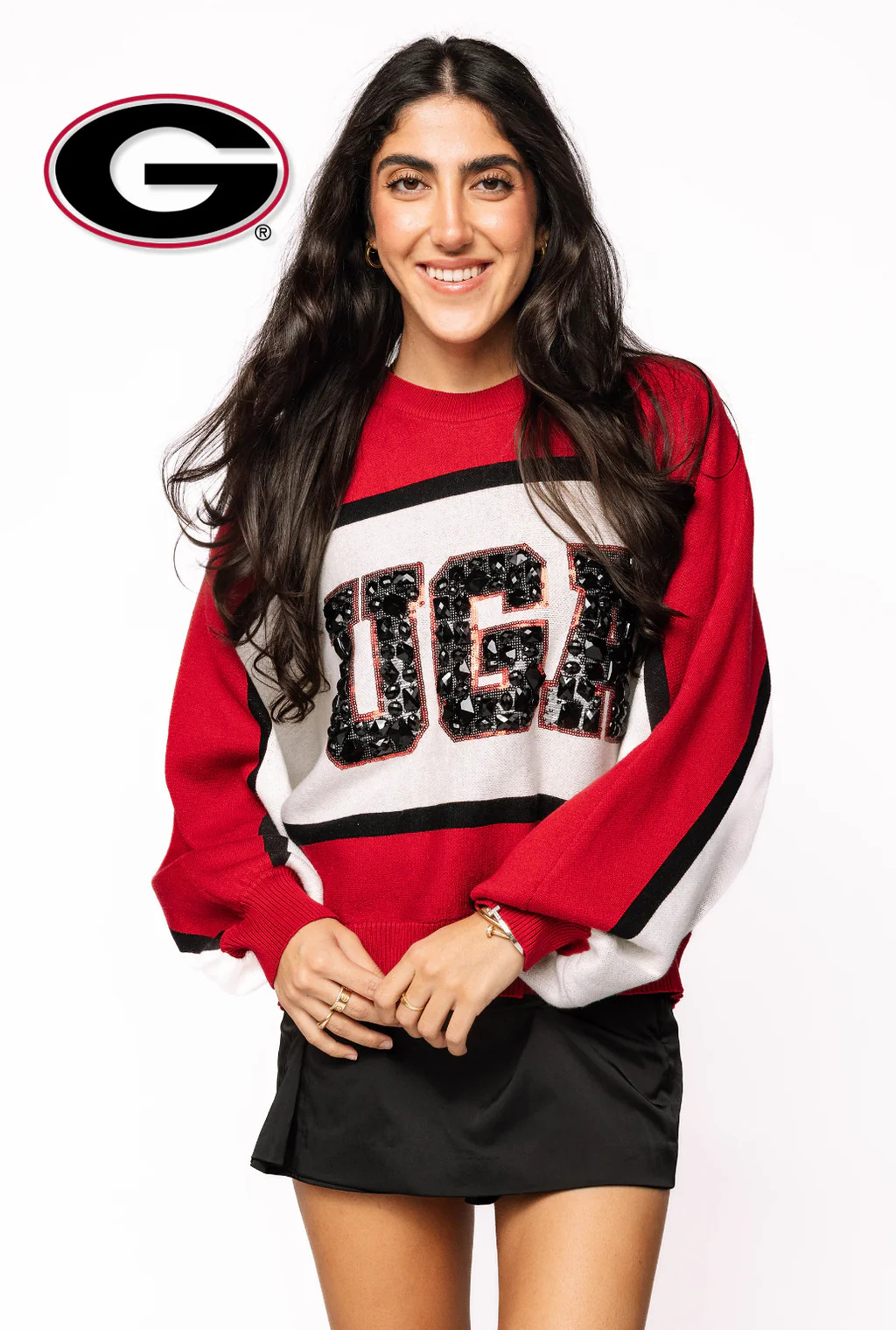 Licensed Sample - UGA Colorblock Jewel Letter Sweatshirt | Queen of Sparkles