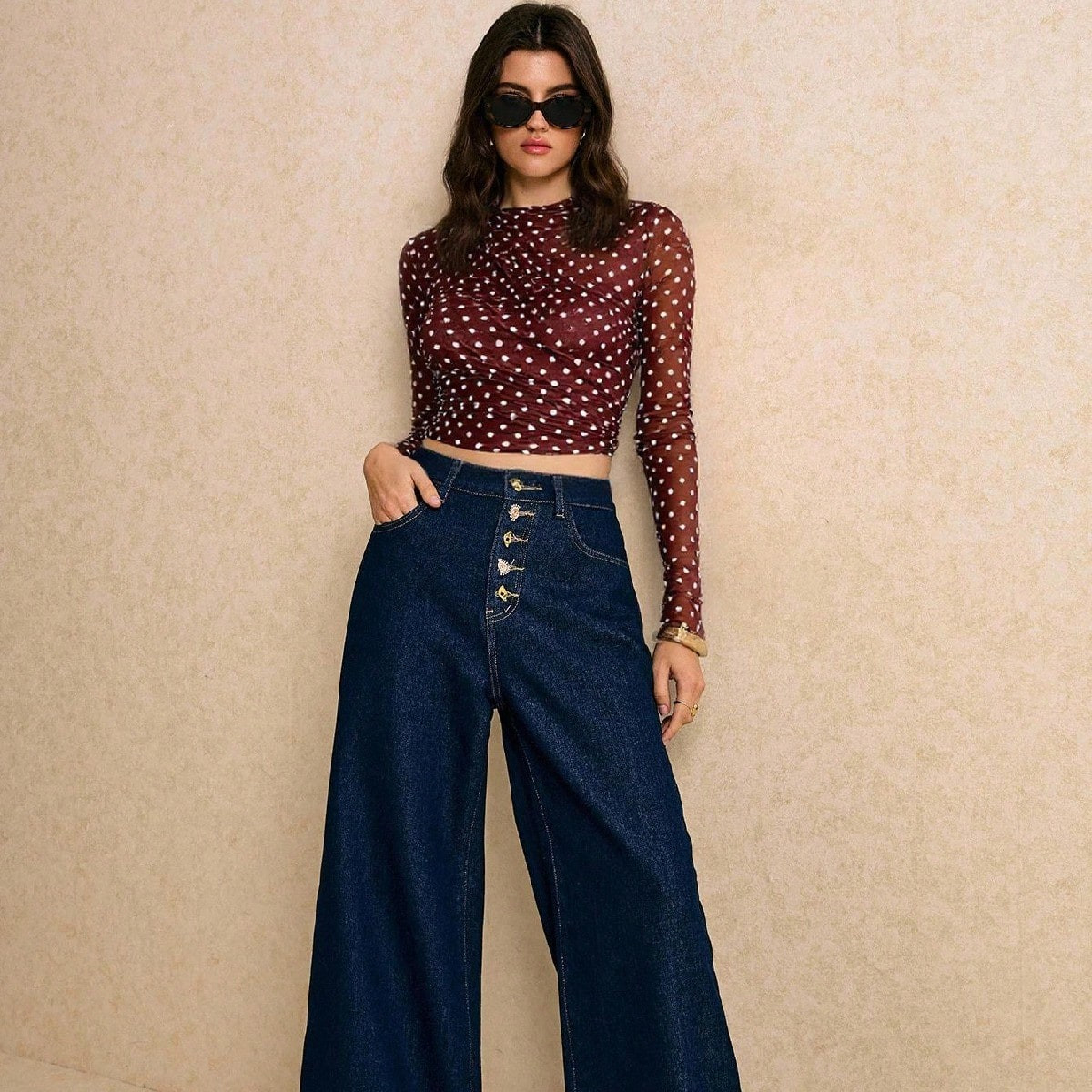 Poéselle Polka Dot Top, Ruched Long Sleeve Top , Chic Y2K Night-Out Layer, Women's Stand Collar Polka Dot Long Sleeve T-Shirt, Mesh Top, Fall Fashion, Y2k Party Top, Suitable For Daily Wear, Going Out, Commuting, Dating, Home And Other Occasions | SHEIN