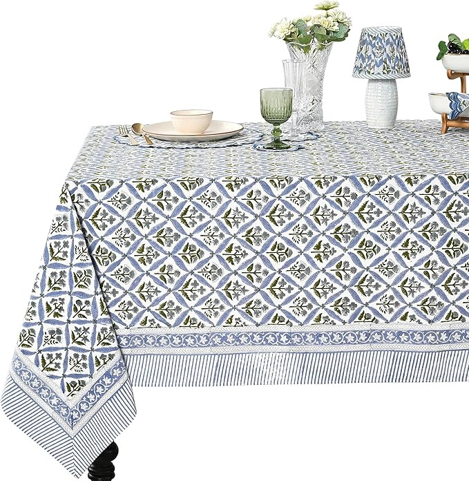 Ridhi Light Steel Blue Hand Block Print Cotton Rectangle Tablecloth 90 x 60 inch-Reusable Table C... | Amazon (US)