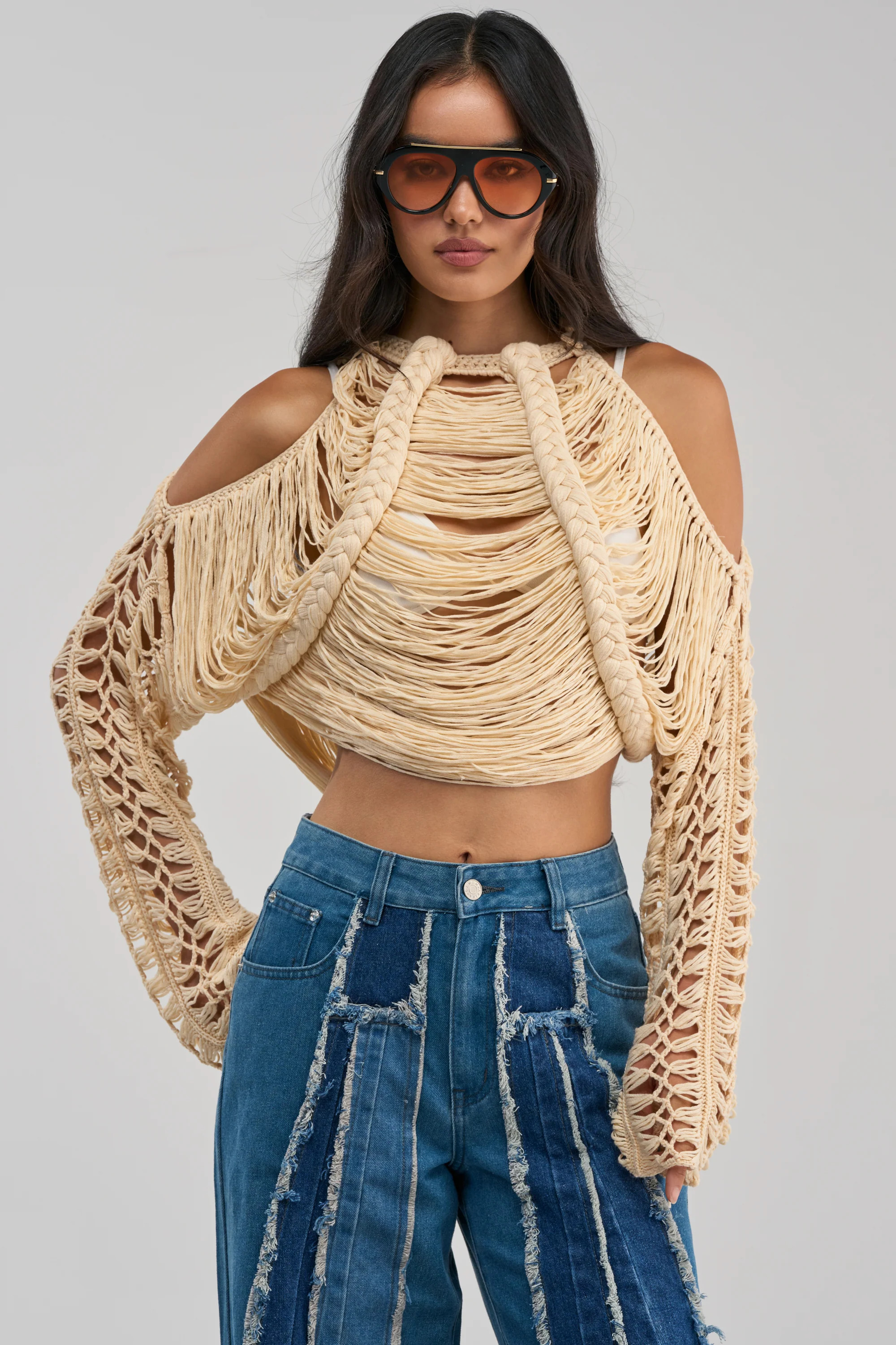 Fringe Knit Cropped Sweater, Cold Shoulder | AKIRA | AKIRA