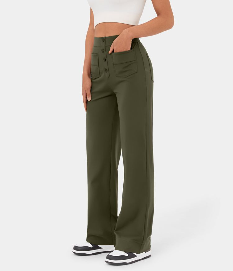 High Waisted Button Multiple Pockets Straight Leg Casual Pants | HALARA