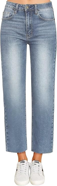 KDF Women's Cropped Straight Leg Jeans - High Waisted Jeans for Women 7/8 Length Denim Pants with... | Amazon (US)