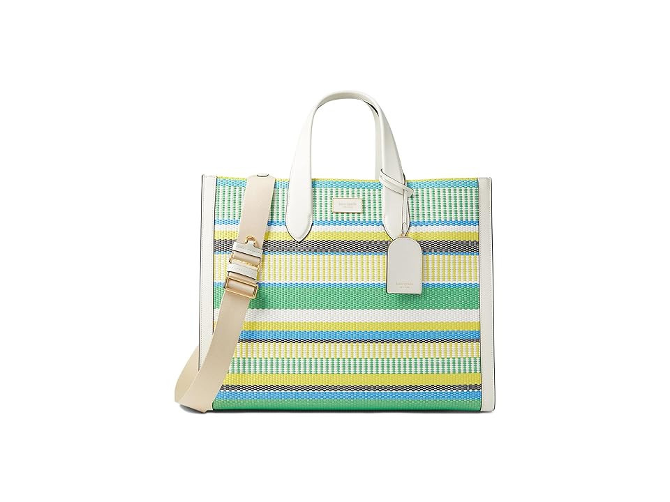 Kate Spade New York Manhattan Striped Woven Straw Large Tote Tote Handbags Green, Leather | Zappos