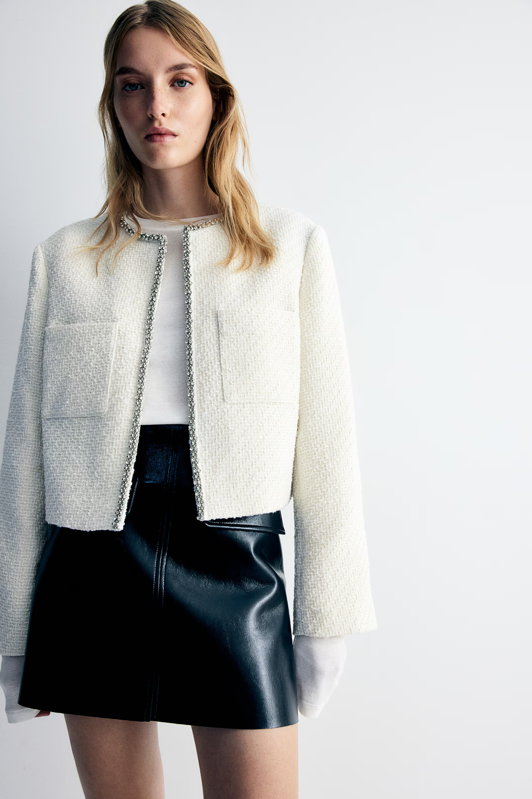 Rhinestone-embellished bouclé jacket - White - Ladies | H&M GB | H&M (UK, MY, IN, SG, PH, TW, HK)