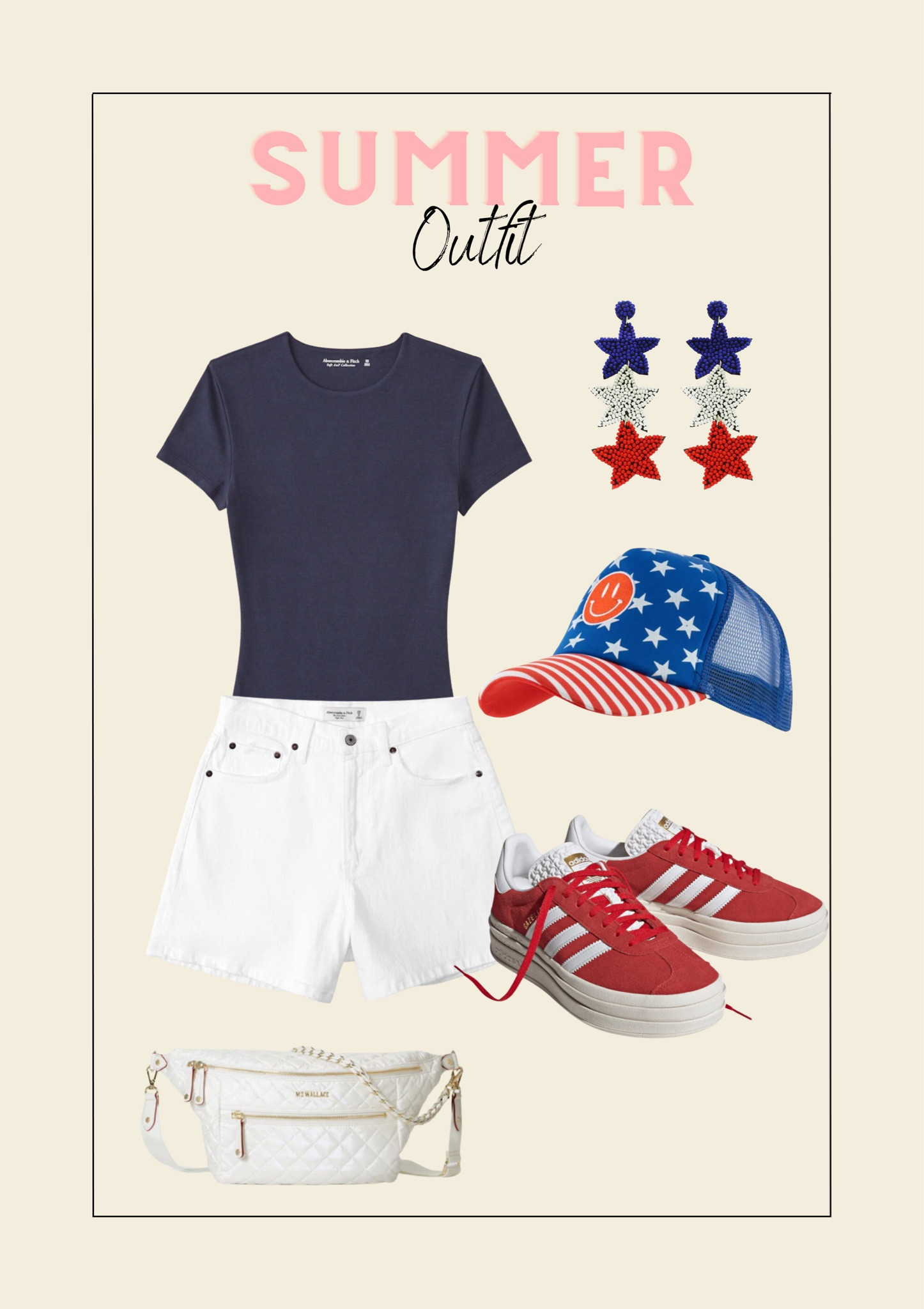 Memorial Day outfit. Red white and blue. 
White denim shorts 
Crossbody bag
Smiley hat
Bodysuit 

#LTKunder50 #LTKstyletip #LTKSeasonal