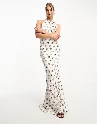 Day 6 satin high neck puddle maxi dress with low back in cream ditsy print | ASOS (Global)