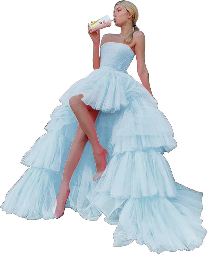 High Low Tulle Prom Dress for Women Long Strapless Layered Formal Party Dresses with Train | Amazon (US)