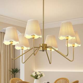 6 Light Gold Rustic Chandelier 40 In Bohemian Farmhouse Dining Room Pendant Light Fixtures with Hand-Woven Fabric Shade | The Home Depot