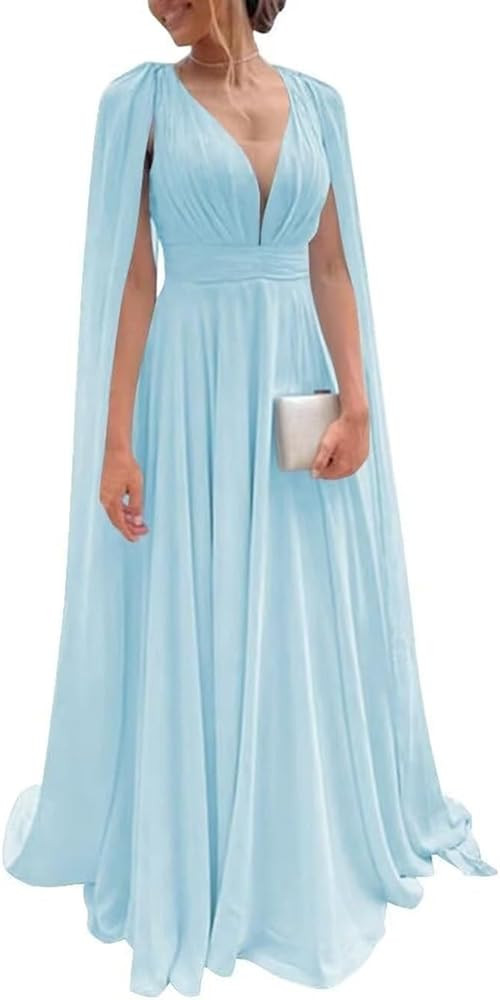 Chiffon Bridesmaid Dress for Women Cape Sleeve V-Neck Formal Evening Gowns with Pocket LBC020 | Amazon (US)