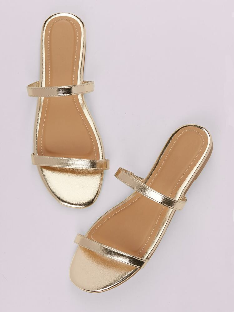 Metallic Two Thin Band Open Toe Flat Slide Sandals | SHEIN