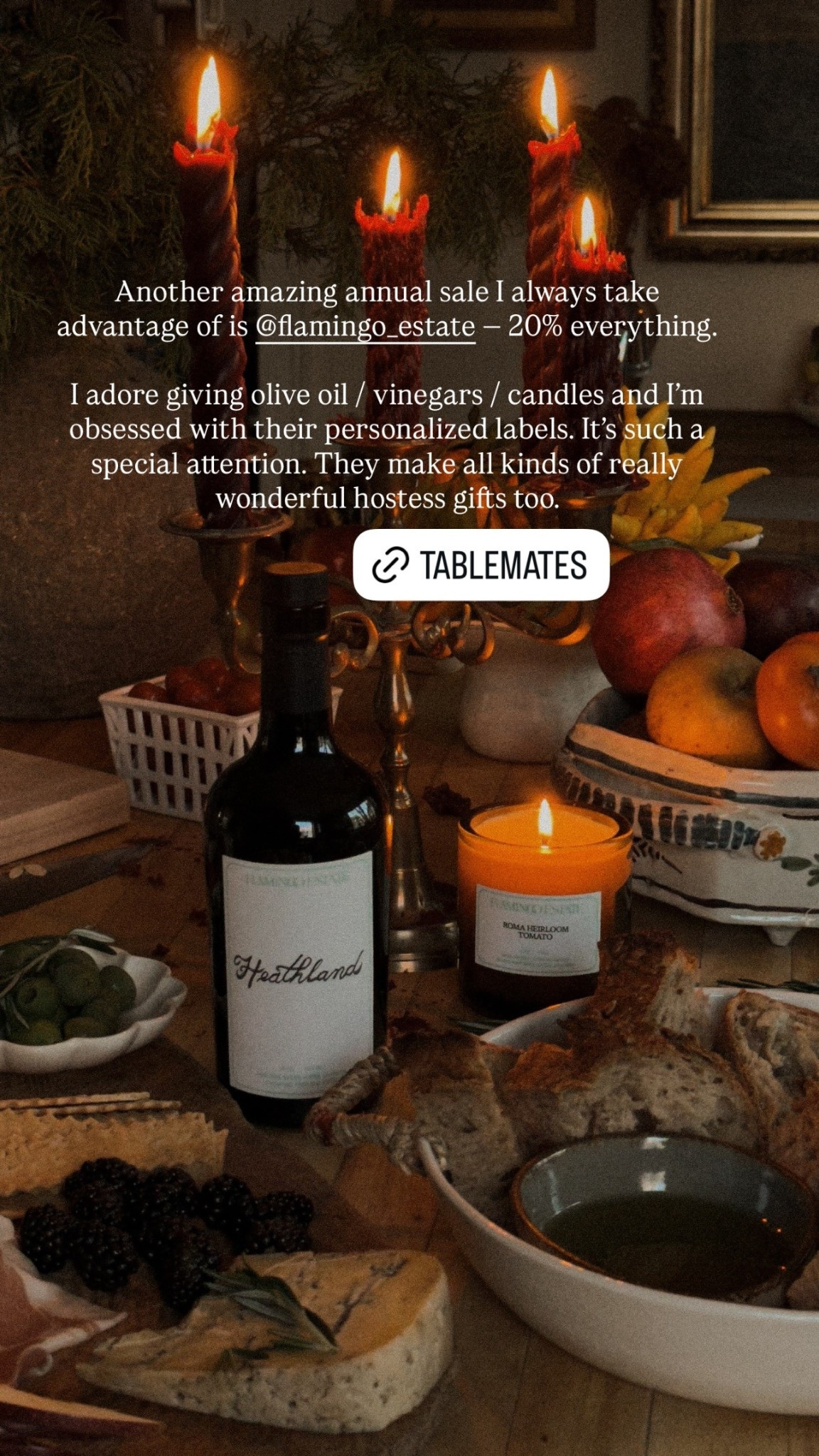 Another amazing annual sale I always take advantage of is @flamingo_estate — 20% everything. 

I adore giving olive oil / vinegars / candles and I’m obsessed with their personalized labels. It’s such a special attention. They make all kinds of really wonderful hostess gifts too.

#LTKCyberWeek #LTKSeasonal #LTKHoliday