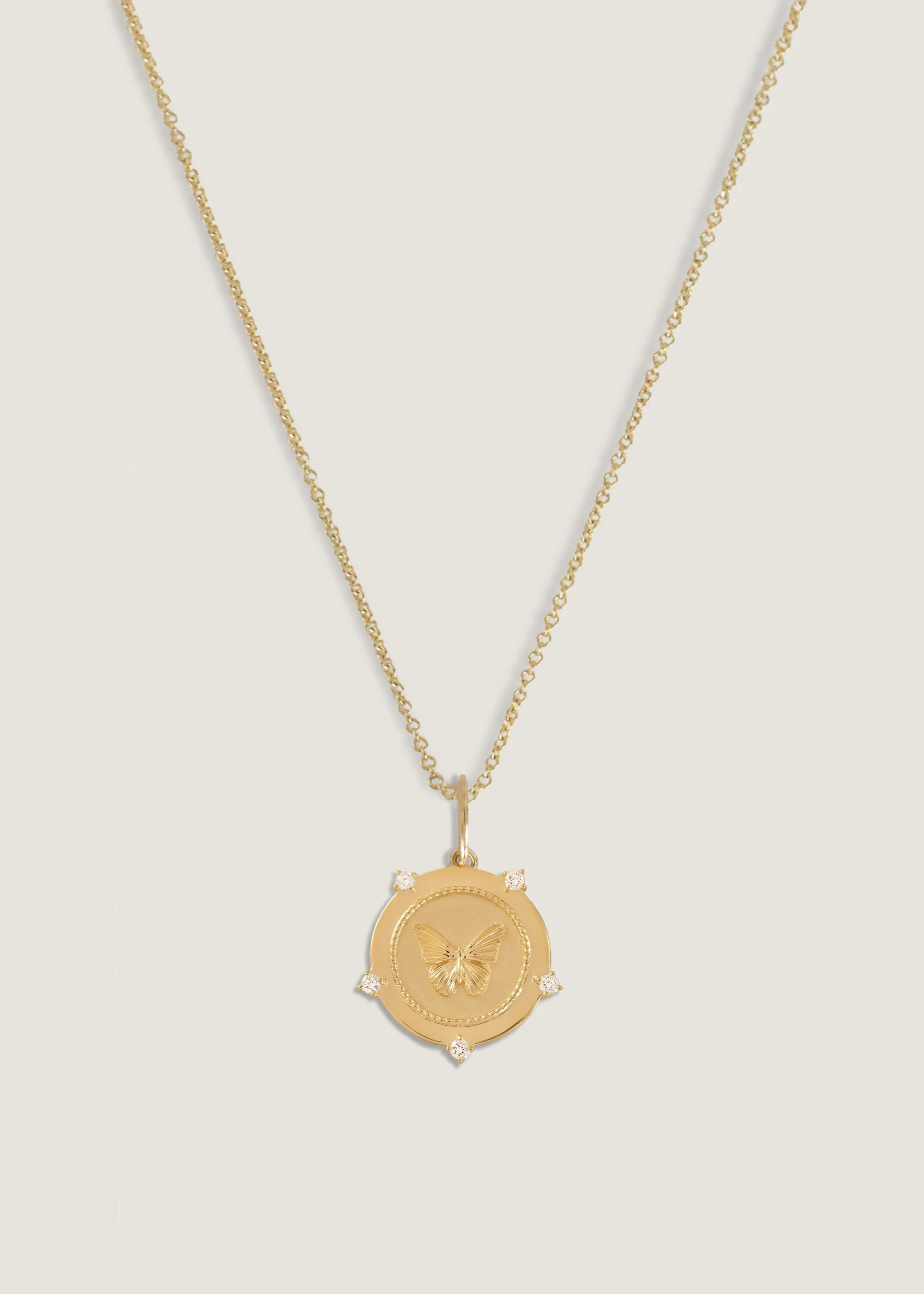 Butterfly Coin Necklace Diamond - Cable Rolo Chain / 22 | Kinn Studio