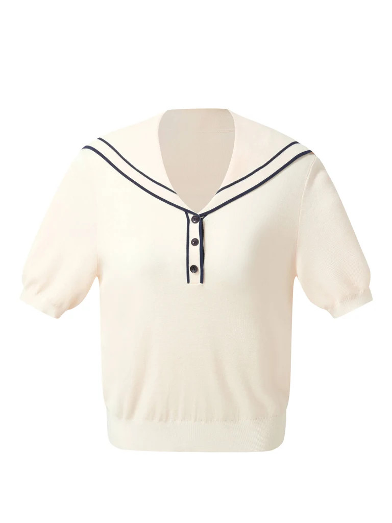 Acetate Cotton Blend Women Sailor Collar Knit Top | GOELIA