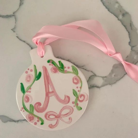 Children's Christmas ornament / First Christmas/ pink and white  / monogram / preppy grand millen... | Etsy (US)