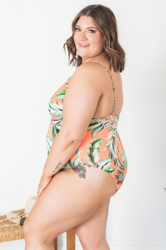 Deserted Beaches Orange Tropical Ribbed One Piece | Pink Lily