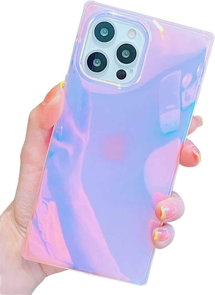 BANAILOA Luxury iPhone 14 Pro Square Case Sparkle,Colorful Blue-Ray Laser Holographic Cute Case Soft | Amazon (US)