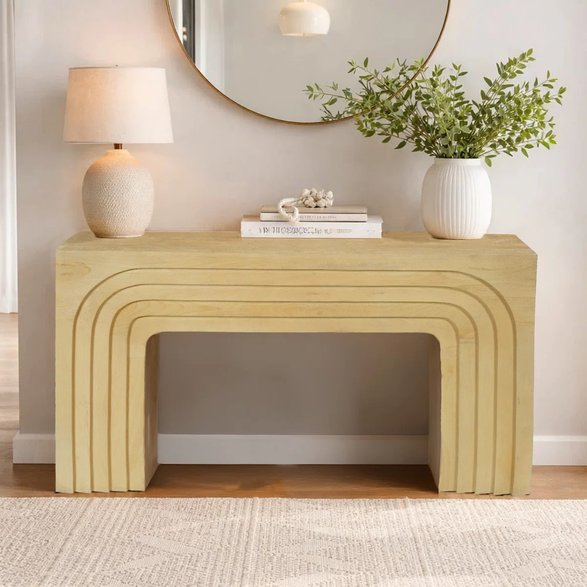 Kesna Console Sofa Table, 53 Inch Sculpted Arch, Light Beige Mango Wood | Wayfair North America