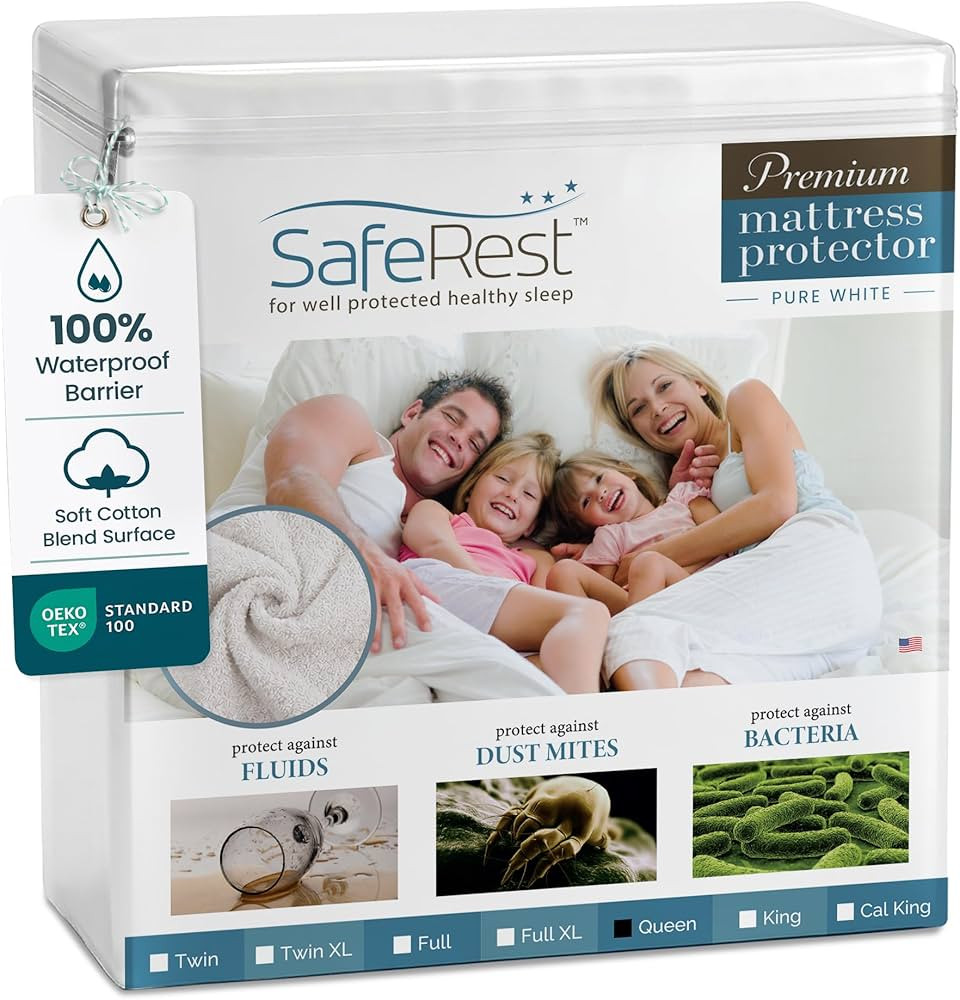 SafeRest Waterproof Queen Size Mattress Protector - Fitted with Stretchable Pockets - Machine Was... | Amazon (US)