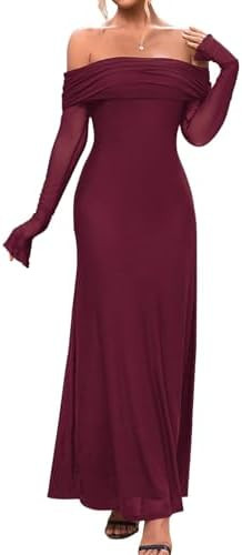 KUTUMAI Women Off Shoulder Bodycon Maxi Dress Long Sleeve Mesh Ruched Party Formal Wedding Guest ... | Amazon (US)