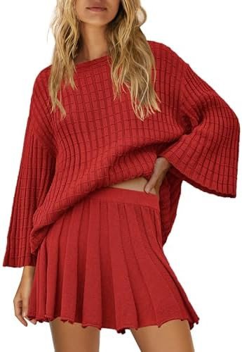 Yanekop Womens 2 Piece Sweater Skirt Set Loose Matching Lounge Sets Comfy Pajamas Set Long Sleeve... | Amazon (US)