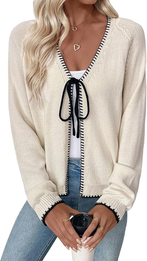 EVALESS Womens Cardigan Sweaters Trendy V Neck Long Sleeve Open Front Bow Tie Knit Chunky Lightwe... | Amazon (US)