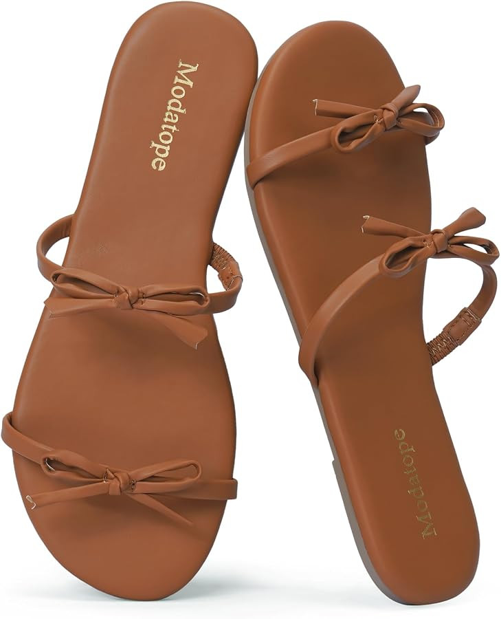 Modatope Women\u2019s Two Strap Flat Sandals Bow Detail Summer Beach Casual Dressy Slip On Walkin... | Amazon (US)