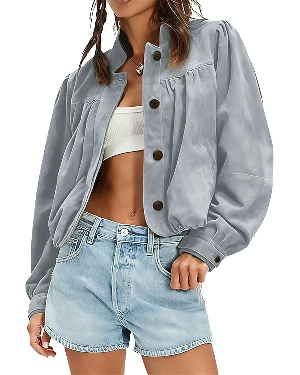 Women's Suede Cropped Pilot Jacket Puffed Sleeve Stand Up Collar Spring Autumn Button Coat Retro ... | Amazon (US)