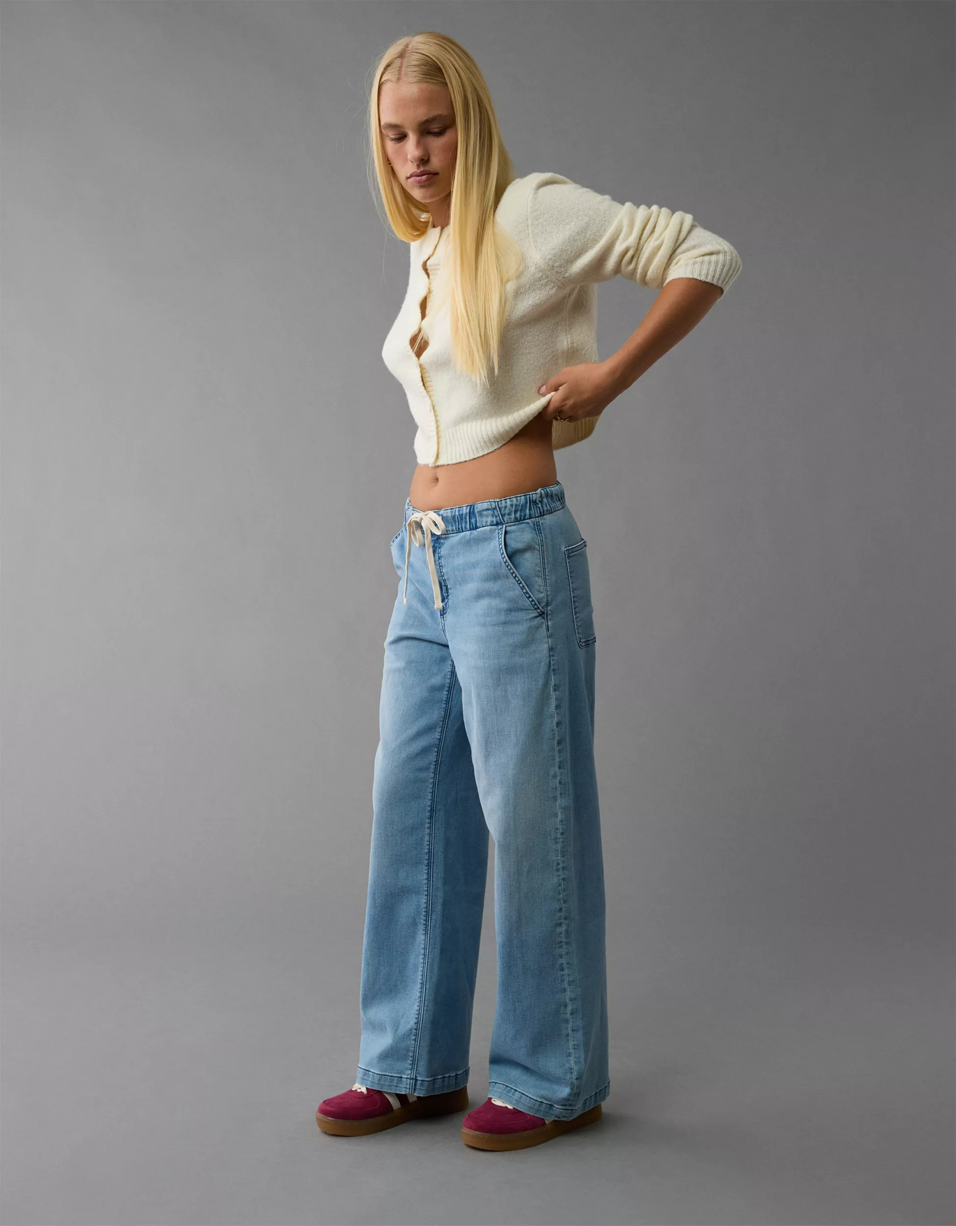 AE Dreamy Drape Cozy Low-Rise Baggy Wide-Leg Jean | American Eagle Outfitters (US & CA)