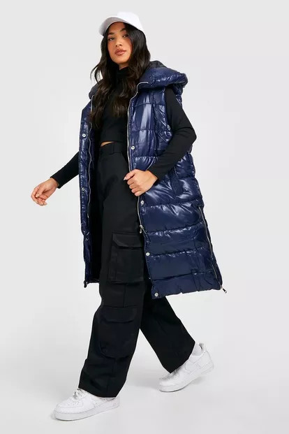 Petite High Shine Hooded Longline Vest | Boohoo.com (US & CA)