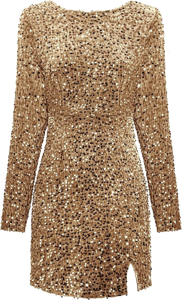 R.Vivimos Women's Sequin Bodycon Dress Fall Winter Velvet Warm Long Sleeve Crew Neck Sexy Backles... | Amazon (US)
