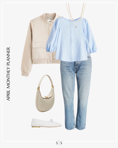 Monthly outfit planner: APRIL: Spring looks | blue blouse, straight crop jean, neutral handbag, crop bomber jacket, ballet flats 

See the entire calendar on thesarahstories.com ✨ 


#LTKstyletip