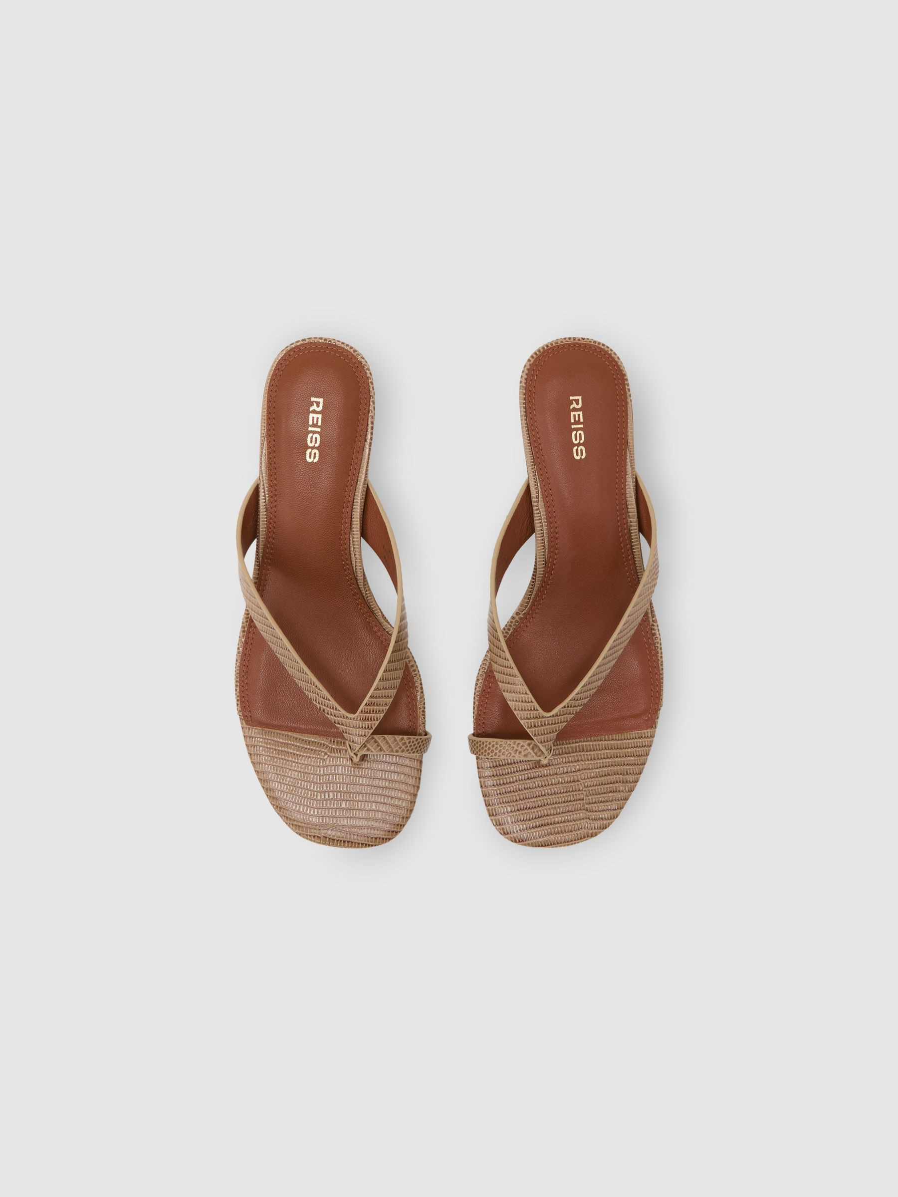 Reiss Leather Lizard-Effect Kitten-Heel Sandals in Neutral | REISS | Reiss DE