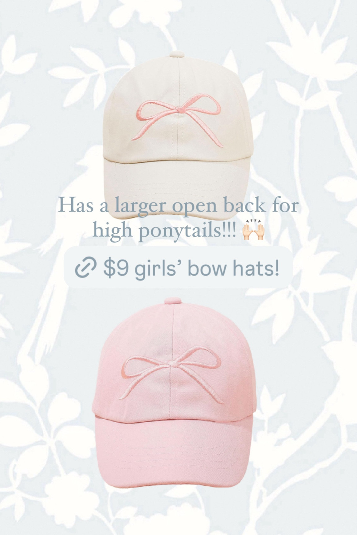 Girls’ bow hats!!!! I love the back because it’s open and for high ponytails!!!!! 